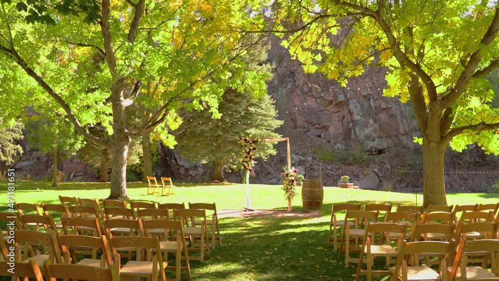 Beautiful Outdoor Autumn Fall Wedding Venue Aisle In Lush Green Yellow Setting. Beautiful Outdoor Autumn Fall Wedding Venue Aisle In Lush Green Yellow Setting.