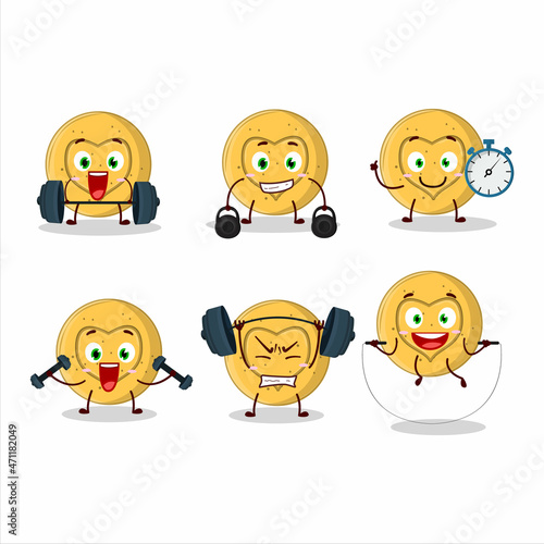 A healthy dalgona candy love cartoon style trying some tools on Fitness center