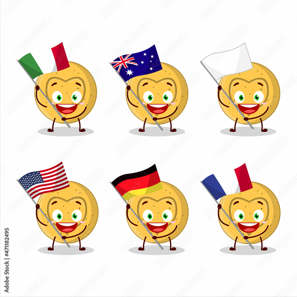 Dalgona candy love cartoon character bring the flags of various countries Dalgona candy love cartoon character bring the flags of various countries