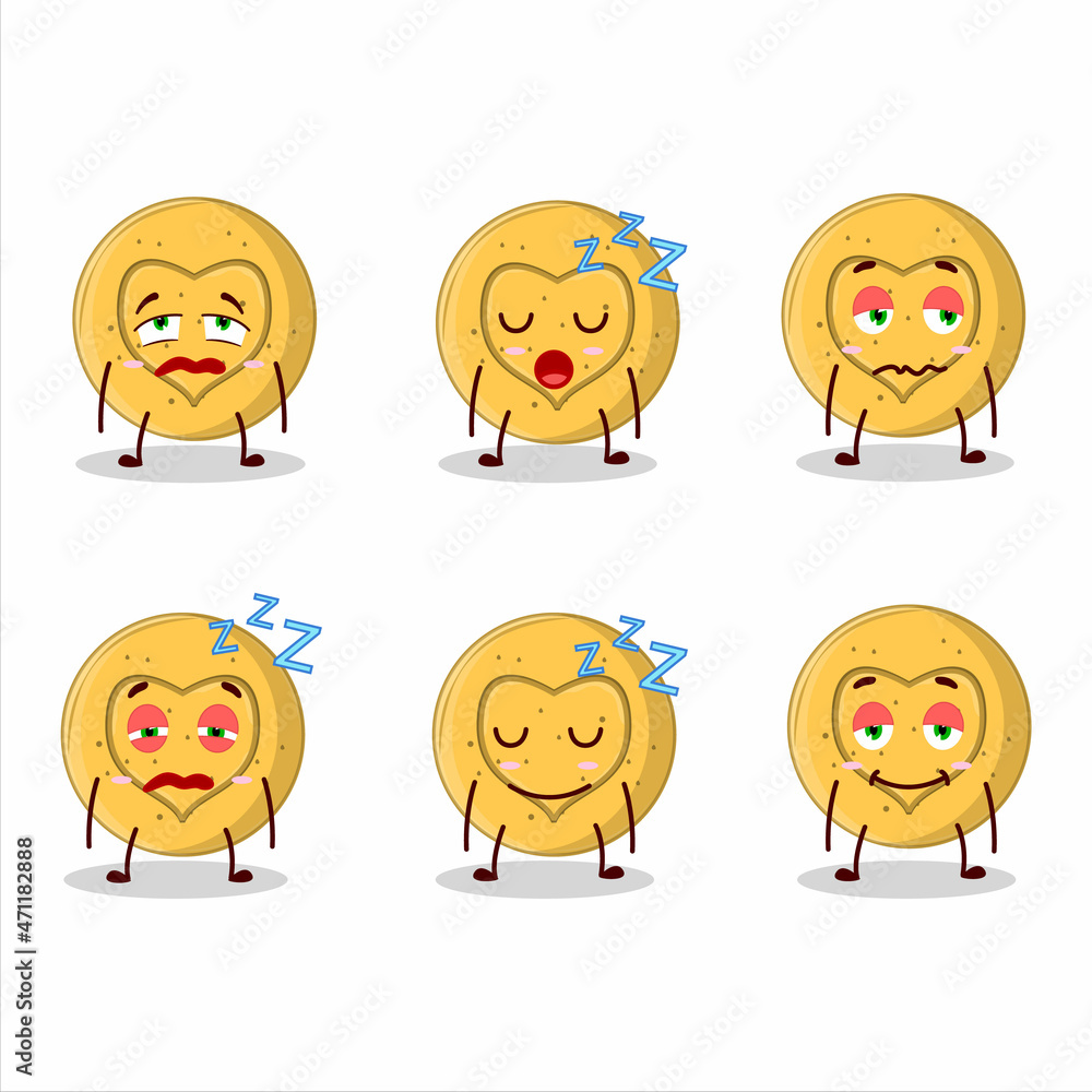 Cartoon character of dalgona candy love with sleepy expression Cartoon character of dalgona candy love with sleepy expression