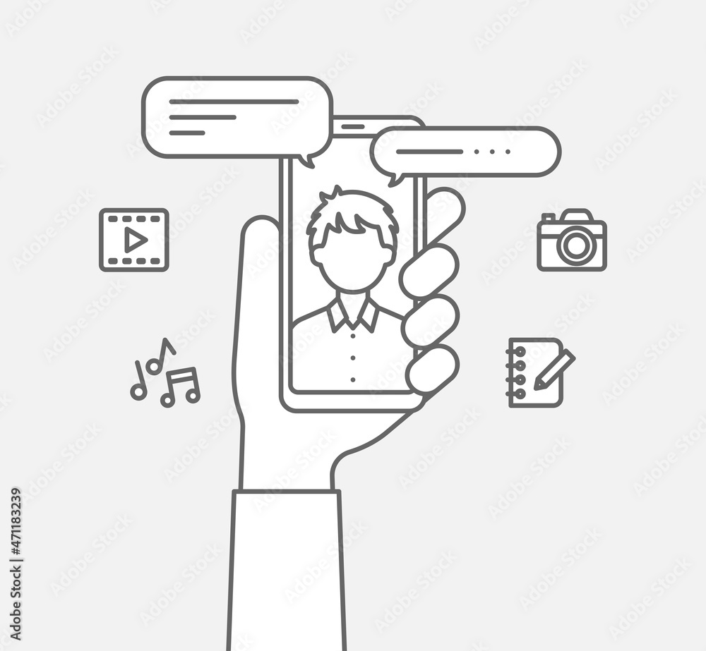 スマートフォンを持つ手とビデオ通話する男性の線画アイコン スマートフォンを持つ手とビデオ通話する男性の線画アイコン