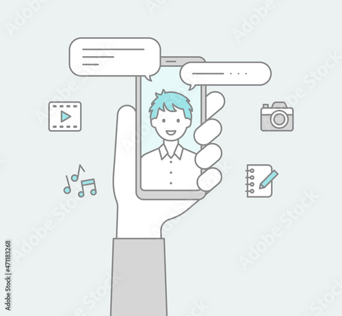 スマートフォンを持つ手とビデオ通話する男性の線画アイコン