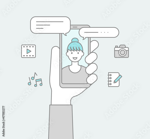 スマートフォンを持つ手とビデオ通話する女性の線画アイコン