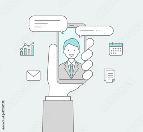 スマートフォンを持つ手とビデオ通話する男性の線画アイコン