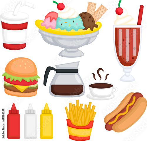 a vector of diner food and drinks