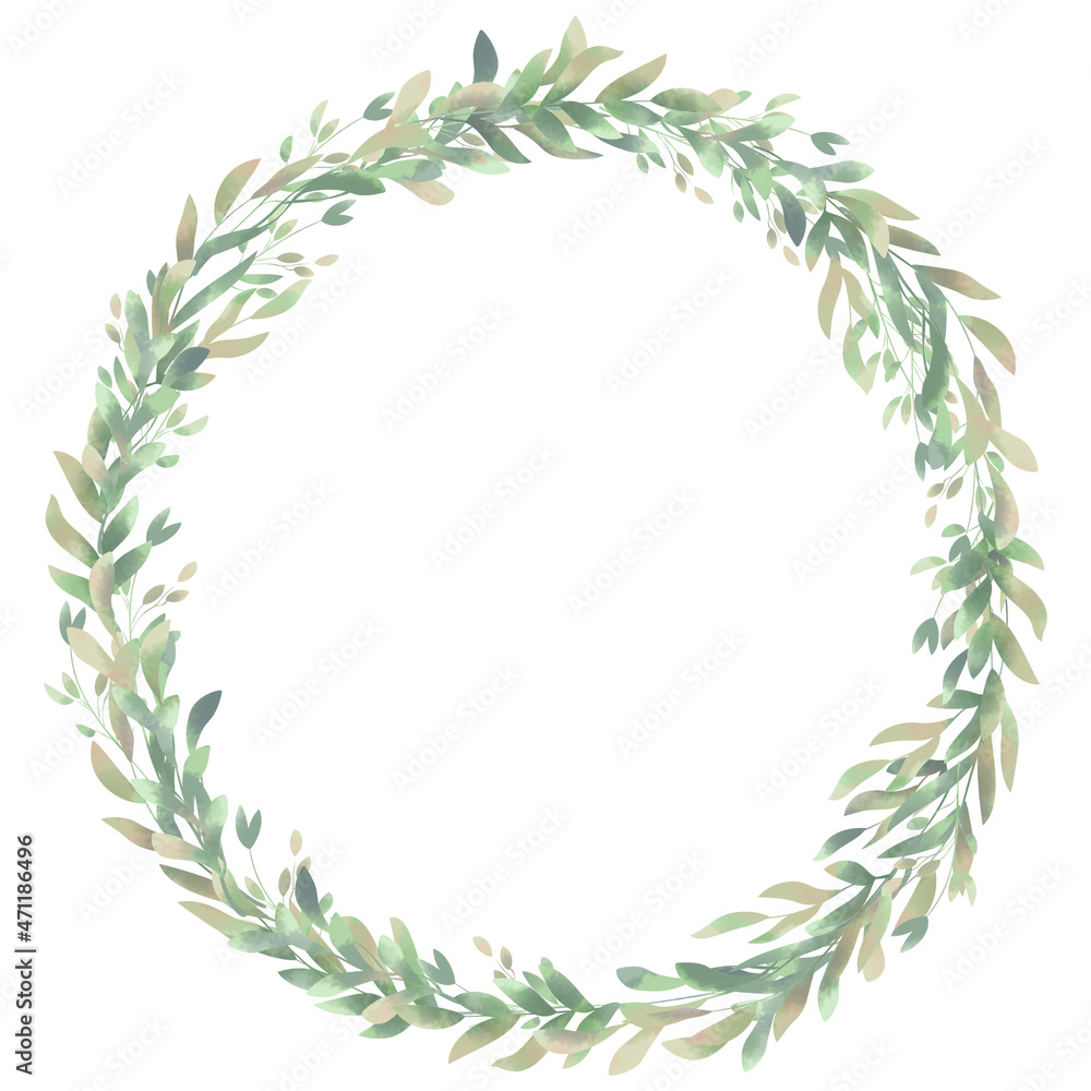 Watercolor wreath. Spring foliage. Beautiful isolated clipart element for design.