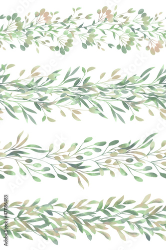 Set of watercolor seamless borders. Spring foliage. Beautiful isolated clipart element for design.
