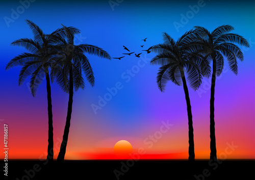 Fototapeta Naklejka Na Ścianę i Meble -  landscape view drawing palm with sunset or sunrise background vector illustration concept romantic