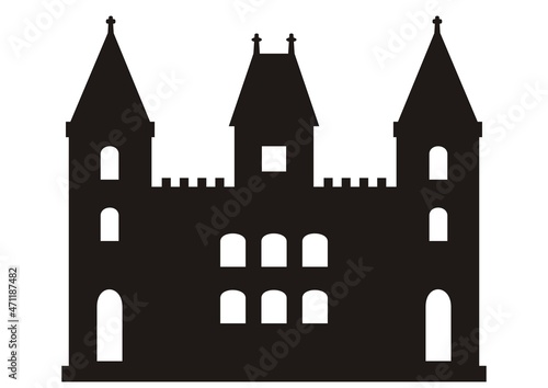 castle with towers, vector icon, black silhouette on white background