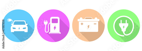 Set of electric car icon, electric car charger and battery. Modern and simple icons with circles isolated on white background