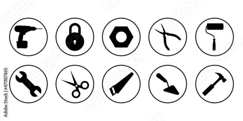 Set of engineering tools icons with black and simple design isolated on white background