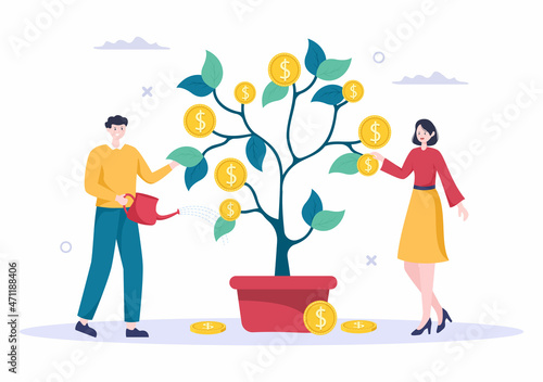Money Tree of Financial Business Investment Profit Flat Design Vector Illustration with Dollar Banknotes and Golden Coins for Poster or Background