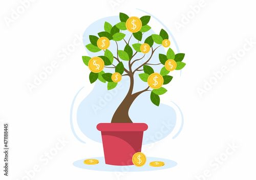 Money Tree of Financial Business Investment Profit Flat Design Vector Illustration with Dollar Banknotes and Golden Coins for Poster or Background