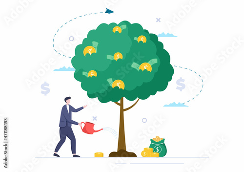 Money Tree of Financial Business Investment Profit Flat Design Vector Illustration with Dollar Banknotes and Golden Coins for Poster or Background