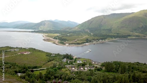 Corran ferry crossing lake Loch Linnhe from Nether Lochaber to Ardgour in Scotland. Aerial panoramic view photo
