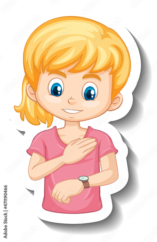 A girl looking at her wristwatch cartoon character sticker A girl looking at her wristwatch cartoon character sticker