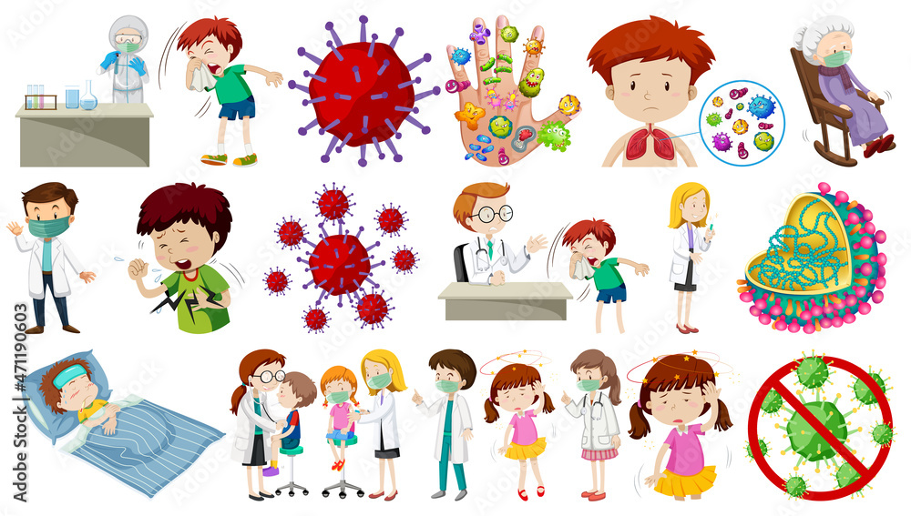 Set of sick people with different syptoms Set of sick people with different syptoms
