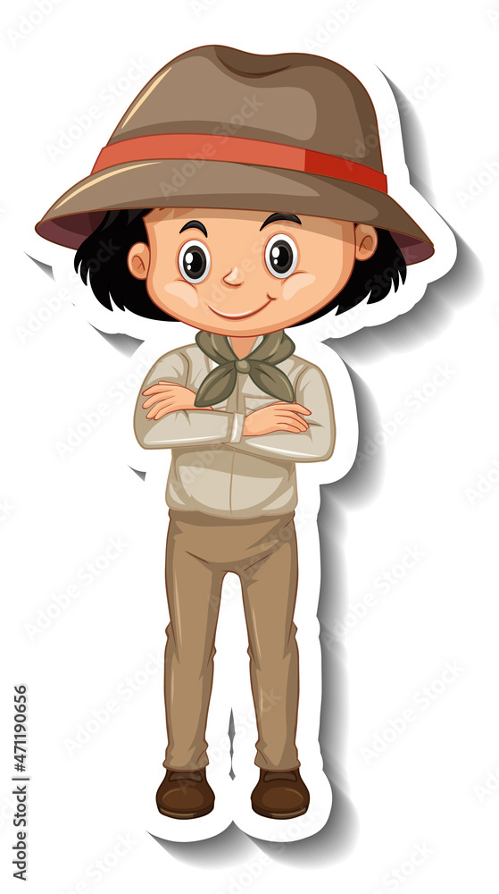 Girl in safari outfit cartoon character sticker