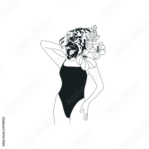 Hipster woman with tiger head with flowers. Hand drawing contemporary collage. Beautiful linear female body. Tattoo sketch. Design for t-shirt, poster. Vector illustration. 