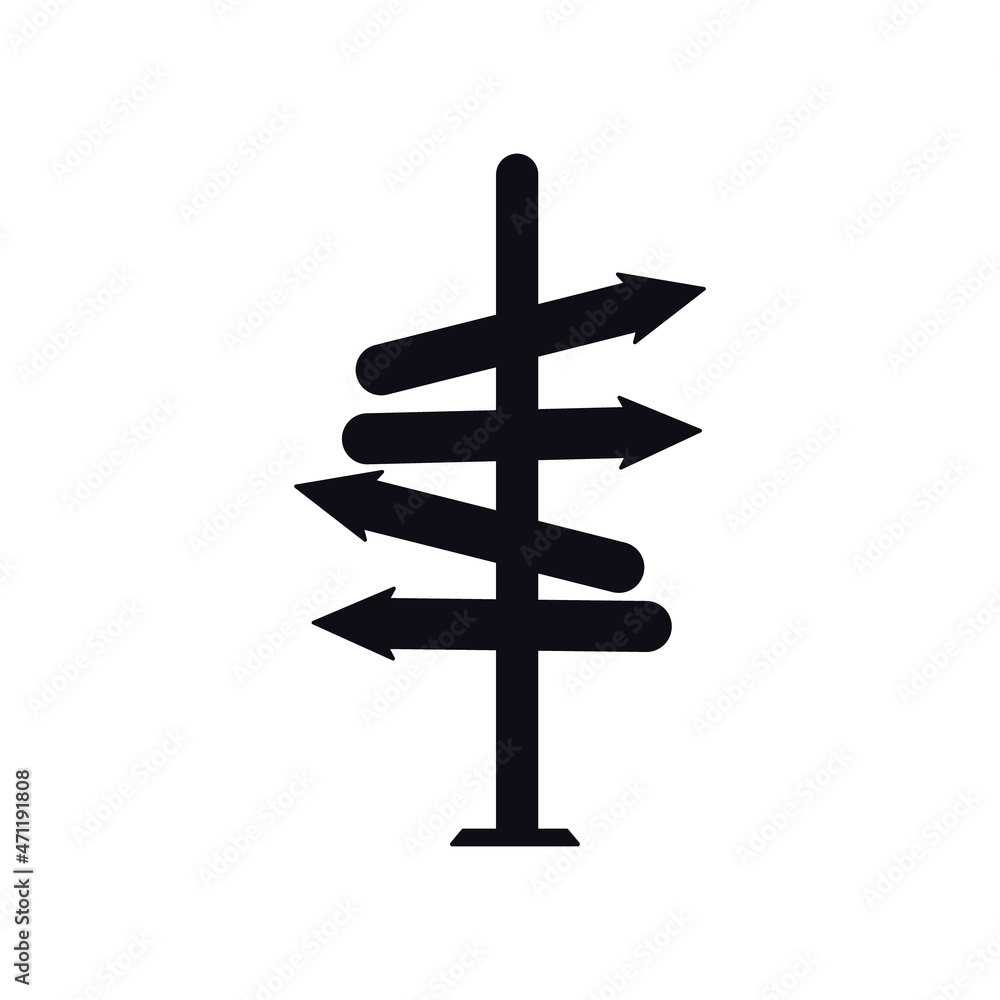 Pointer icon. 4 arrows indicate direction. Signboard to determine the path. Four wooden board for navigation. Isolated black element on white background for web page decoration. Vector illustration. Pointer icon. 4 arrows indicate direction. Signboard to determine the path. Four wooden board for navigation. Isolated black element on white background for web page decoration. Vector illustration.