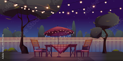 BBQ area at night backyard with table with chequered tablecloth, chairs and umbrella decorated with light garland, picnic barbecue zone on wooden terrace on summer lawn, Cartoon vector illustration