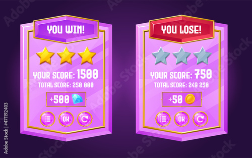 Game ui interface boards with level score, win and lose banners from purple crystal with golden frame. Vector cartoon set of gui elements, complete and failed level screens with gold stars and buttons