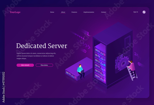 Dedicated server banner. Internet hosting service with private access to hardware, data storage and network in datacenter. Vector landing page with isometric people in data center with servers on rack