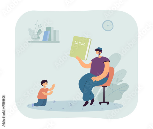 Father showing Quran to little son at home. Muslim man in hat holding holy book of Islam flat vector illustration. Family, religion, Ramadan concept for banner, website design or landing web page