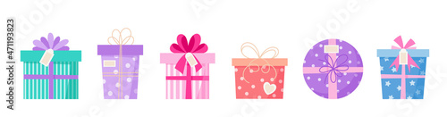 Valentine day gift boxes set. Vector illustration of cute isolated different present boxes. Hearts and dotted patterns. Cute flat design style. 14 February gifts box presents design set.