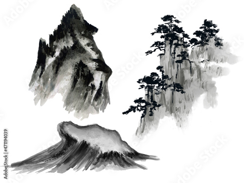 Tree and mountains black and white ink watercolor asian style  Traditional chinese forest plant elements isolated © HoyaBouquet