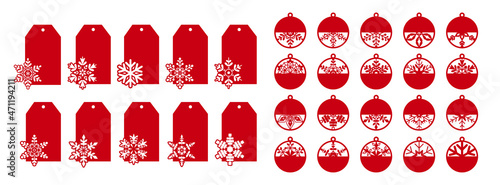 Christmas gift tags or gift labels with snowflakes. Vector decorative elements. Silhouettes of discount price tags for fall or winter sale. Tag stencils for plotter, paper cut or laser cutting