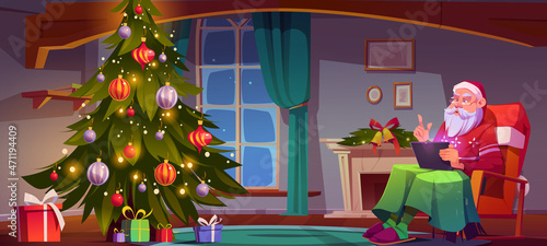 Santa Claus setting in chair in living room with Christmas tree, gift boxes and fireplace. Vector cartoon illustration for winter greeting card with grandfather in armchair with digital tablet