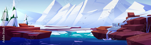 Arctic landscape with white mountains, melting snow and ice. Vector cartoon illustration of northern nature scene with snowy rocks, fir trees, river with glaciers and flowing water from stone shores