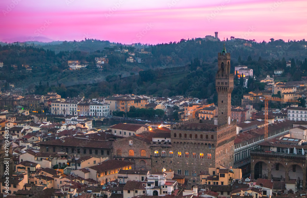 Pink sunsets over a tower in Tuscany Pink sunsets over a tower in Tuscany