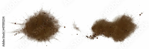 Scatters of black pepper seeds and powder. Vector realistic illustration of ground peppercorn seasoning with whole grains. Piles of hot bitter spice isolated on white background