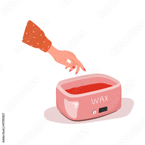 Paraffin therapy. Electronic bath for melting moisturizing wax. Skin care for female hands. Vector illustration in flat cartoon style.