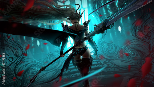 Slika na platnu A graceful demoness goes to a magical portal in a turquoise room, she has a slender sexy body, plate armor, long horns and elf ears, she holds a long double-sided braid in her hands