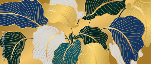 Luxury gold nature background vector. Floral pattern, Golden split-leaf Philodendron plant with monstera plant line arts, Vector illustration.