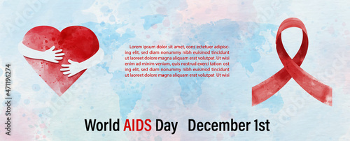 World AIDS day poster's campaign with red ribbon in water colors style and example texts on blue world map and white paper pattern background. All in web banner and vector design.