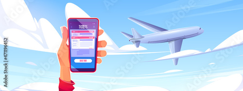 Buy airline ticket online concept with plane flying in sky and hand holding mobile phone with booking service page. Airplane travel application on smartphone screen, Cartoon vector illustration