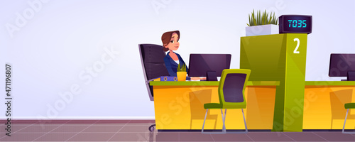 Bank worker sitting at desk with computer and chair for visitor, credit or financial department counter with female employee, banker woman in office provide services, Cartoon vector illustration