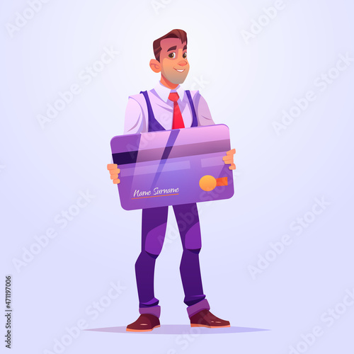 Business man hold plastic credit or debit card. Vector cartoon illustration of male character, businessman or banker holding purple banking card isolated on background