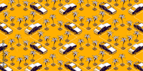 Vintage cars on street with palm trees. Concept of summer vacation, travel, road trip. Vector background with isometric vehicles drive on highway on tropical island or sea beach