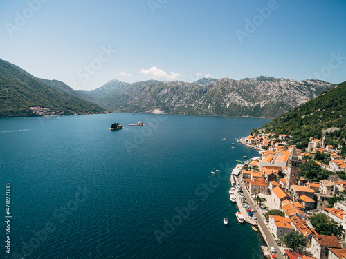 Aerial view of the coast of Perast and the islands of Gospa od Skrpjela and St. George. Montenegro