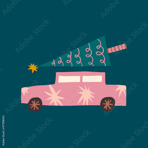 Christmas car carrying spruce childish scandinavian cartoon doodle boho naive funky handdrawn style art vector 