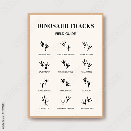 Dino footprints poster. Dinosaur tracks print, woodland art poster