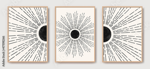Line art boho sun, sunburst mid century modern art