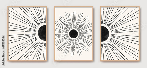 Line art boho sun, sunburst mid century modern art photo