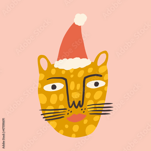 Christmas doodle character cat leopard face Santa childish cartoon boho naive funky handdrawn style art vector 
