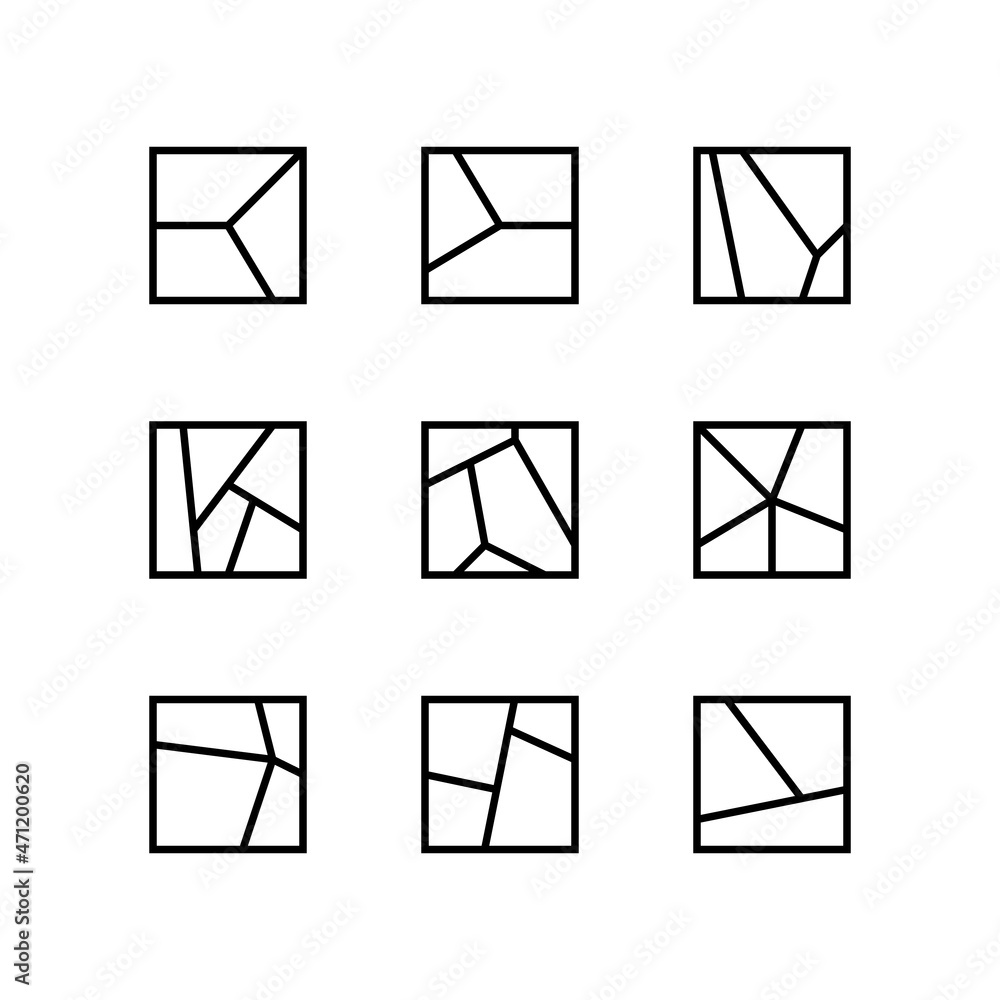 Set of geometric linear shapes. Large mosaic, broken shapes. Collection of linear rectangular icons. Minimalist geometric design elements for game, exhibition. Editable stroke. Vector Set of geometric linear shapes. Large mosaic, broken shapes. Collection of linear rectangular icons. Minimalist geometric design elements for game, exhibition. Editable stroke. Vector